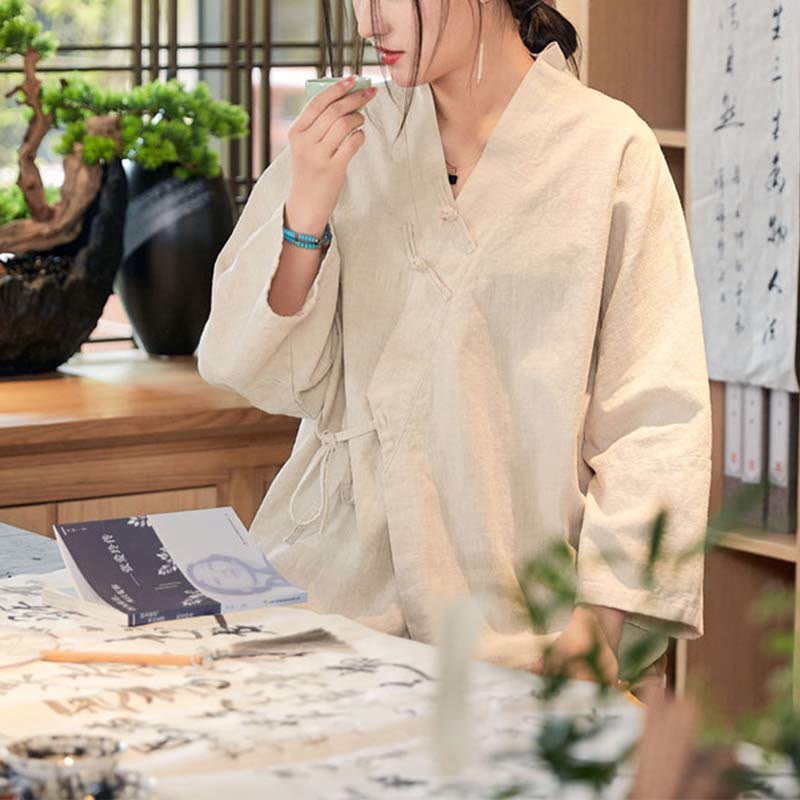 Buddha Stonesカエルボタン漢服デザイン長袖コート禅瞑想オープンフロントトップジャケット - ベージュ、 US0/10、 UK/AU4/14、EU32-40/42 (F) - image 16