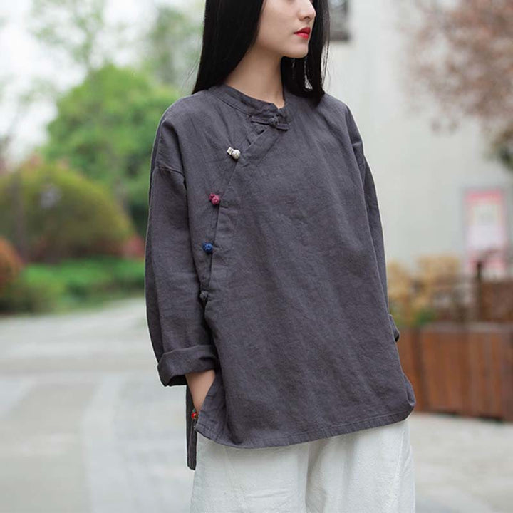 Buddha Stonesラミーリネンブラウスレディースシャツトップス中国漢服スタイル - グレー(バスト120cm)(トップスのみ) - image 0