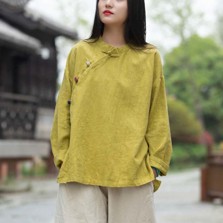 Buddha Stonesラミーリネンブラウスレディースシャツトップス中国漢服スタイル - イエロー(バスト120cm)(トップスのみ) - image 25