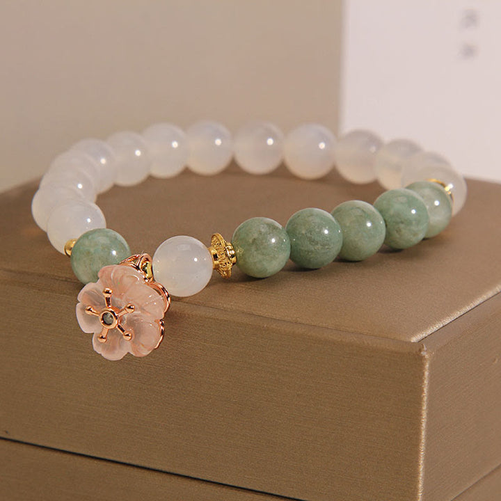 Buddha Stones白瑪瑙 翡翠 花 チャーム 幸運 守護 ブレスレット
