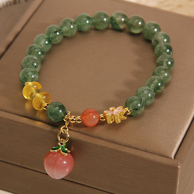 Buddha Stonesナチュラルグリーンストロベリークォーツ ラブピーチチャームブレスレット