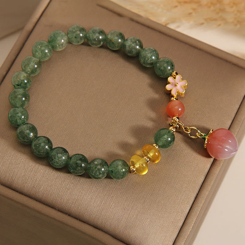 Buddha Stonesナチュラルグリーンストロベリークォーツ ラブピーチチャームブレスレット