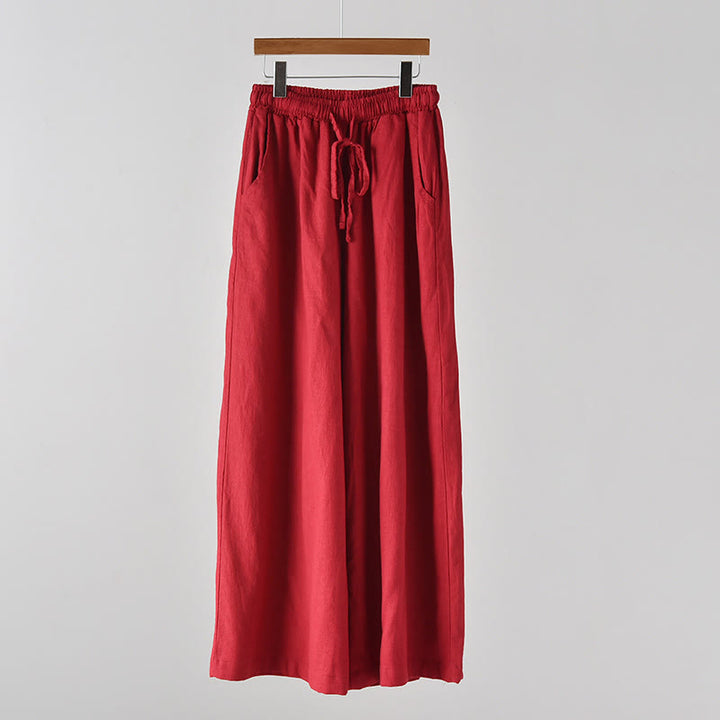 Buddha Stonesゆったりコットンリネン ドローストリング ワイドレッグパンツ ポケット付き