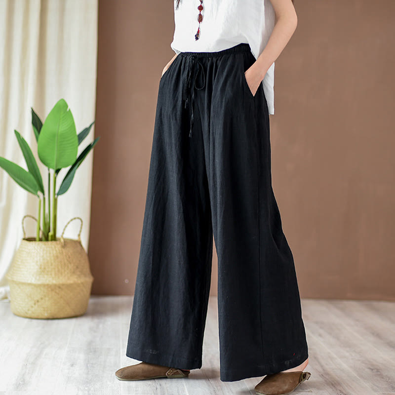 Buddha Stonesゆったりコットンリネン ドローストリング ワイドレッグパンツ ポケット付き