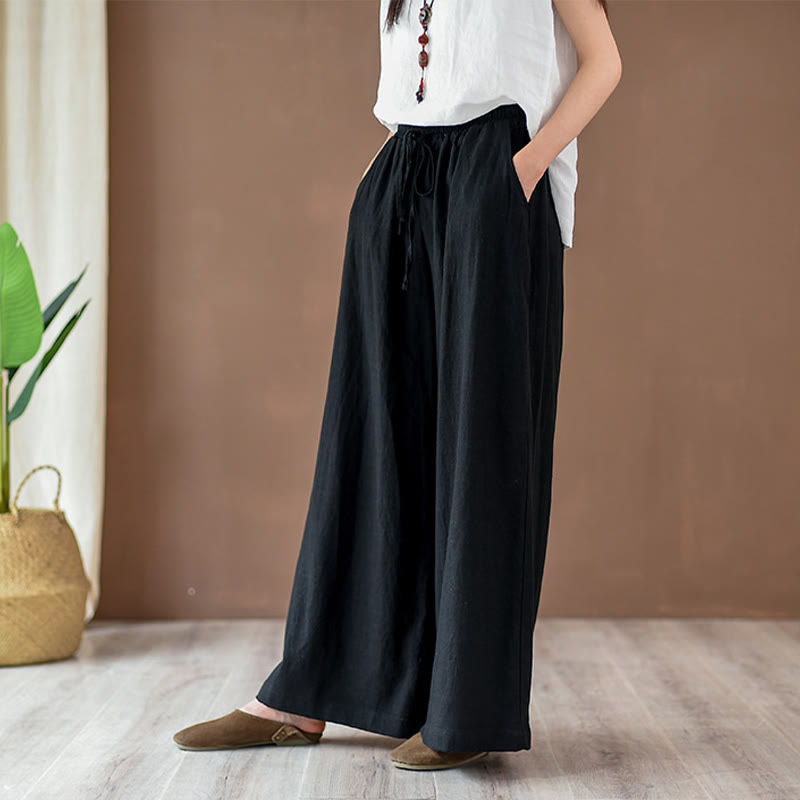Buddha Stonesゆったりコットンリネン ドローストリング ワイドレッグパンツ ポケット付き