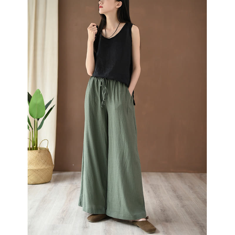 Buddha Stonesゆったりコットンリネン ドローストリング ワイドレッグパンツ ポケット付き