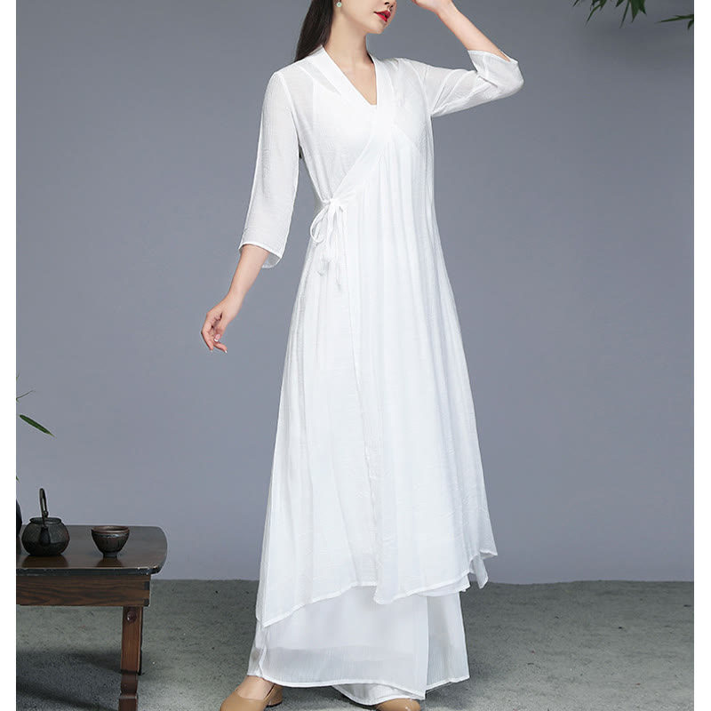 Buddha Stones漢服風ミディ丈ワンピース、ワイドレッグパンツ、瞑想、禅、ヨガ、ダンスウェア - image 9