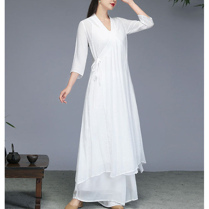 Buddha Stones漢服風ミディ丈ワンピース、ワイドレッグパンツ、瞑想、禅、ヨガ、ダンスウェア - image 9