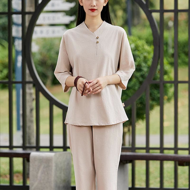 Buddha Stones2点セット シャツ トップ パンツ 瞑想 禅 太極拳 コットン リネン 衣類 レディース セット - カーキ(トップス&パンツ) - US8-10，UK/AU12-14，EU40-42 (2XL) - image 6