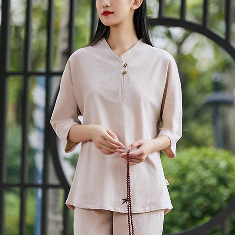 Buddha Stones2点セット シャツ トップ パンツ 瞑想 禅 太極拳 コットン リネン 衣類 レディース セット - image 8