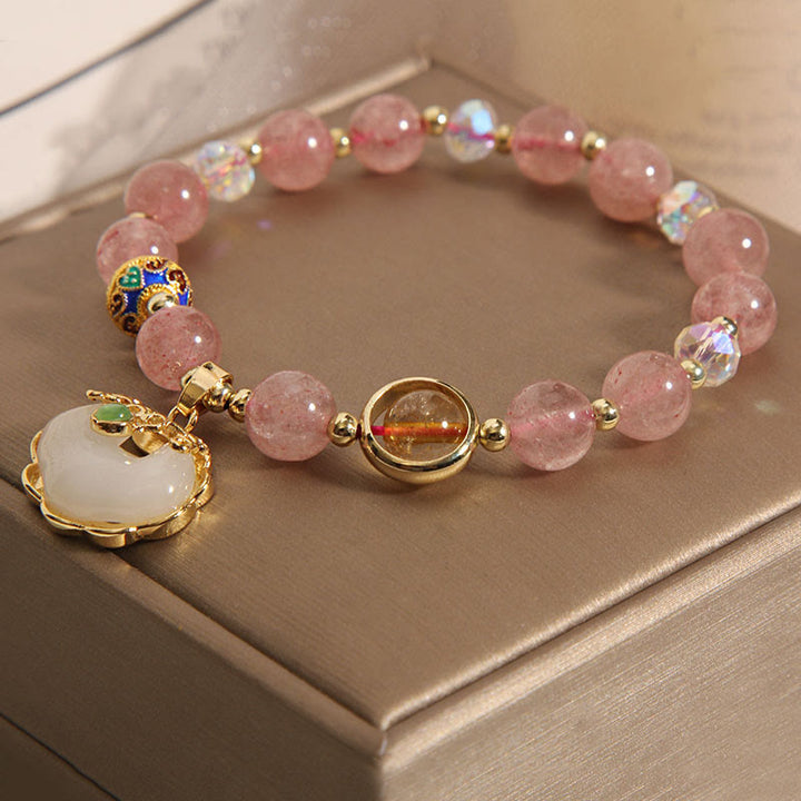 Buddha Stonesストロベリークォーツ グリーンクリスタル アメジスト ヒーリング 中国ロックチャームブレスレット