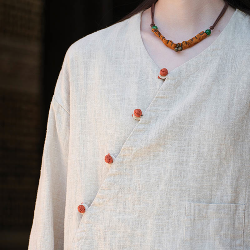 Buddha Stones無地ラミーリネンゆったりブラウス長袖シャツ中国漢服トップス - image 8