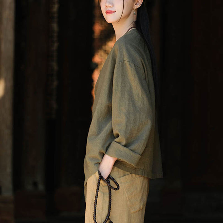 Buddha Stones無地ラミーリネンゆったりブラウス長袖シャツ中国漢服トップス - image 13