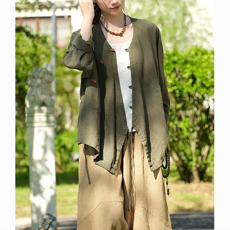 Buddha Stones無地ラミーリネンゆったりブラウス長袖シャツ中国漢服トップス - image 14