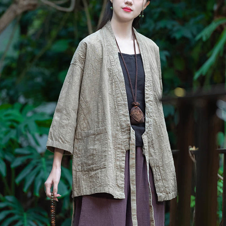 Buddha Stones漢服デザイン七分袖ラミーリネンコートオープンフロントトップジャケット - image 2