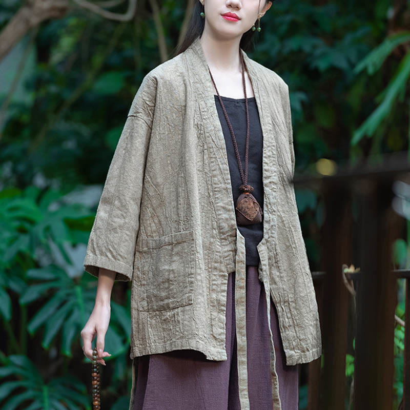 Buddha Stones漢服デザイン七分袖ラミーリネンコートオープンフロントトップジャケット - image 2