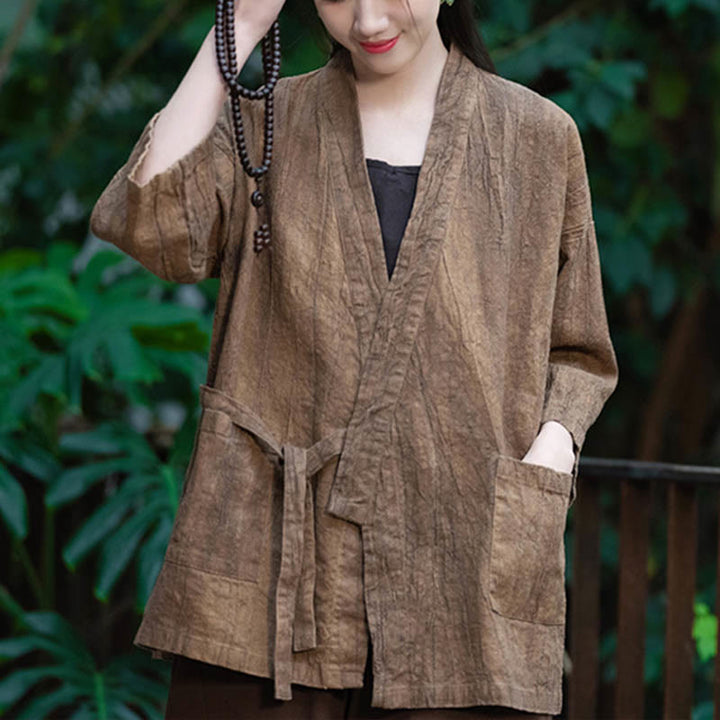 Buddha Stones漢服デザイン七分袖ラミーリネンコートオープンフロントトップジャケット - ブラウン - US4-8/10、 UK/AU8-12/14、 EU36-40/42 (F)(コートのみ) - image 13