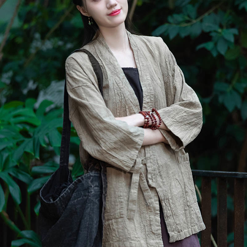 Buddha Stones漢服デザイン七分袖ラミーリネンコートオープンフロントトップジャケット - image 1
