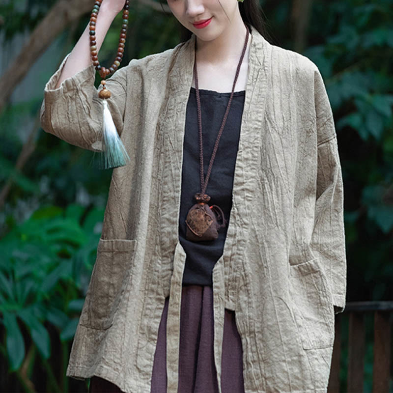 Buddha Stones漢服デザイン七分袖ラミーリネンコートオープンフロントトップジャケット - ベージュ - US4-8/10、 UK/AU8-12/14、 EU36-40/42 (F)- (コートのみ) - image 0