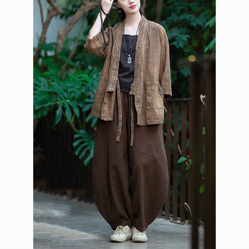 Buddha Stones漢服デザイン七分袖ラミーリネンコートオープンフロントトップジャケット - image 25