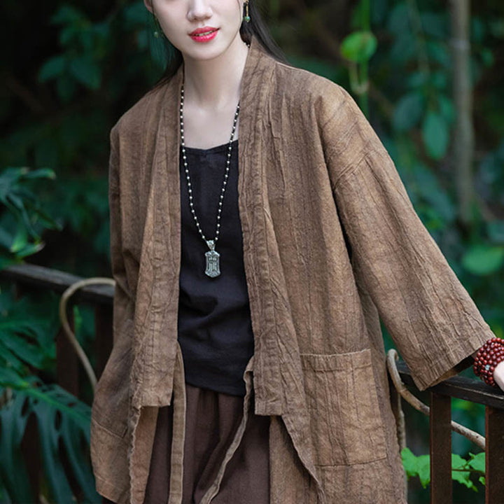 Buddha Stones漢服デザイン七分袖ラミーリネンコートオープンフロントトップジャケット - image 18