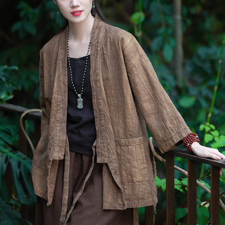 Buddha Stones漢服デザイン七分袖ラミーリネンコートオープンフロントトップジャケット - image 21