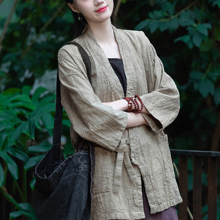 Buddha Stones漢服デザイン七分袖ラミーリネンコートオープンフロントトップジャケット - image 6