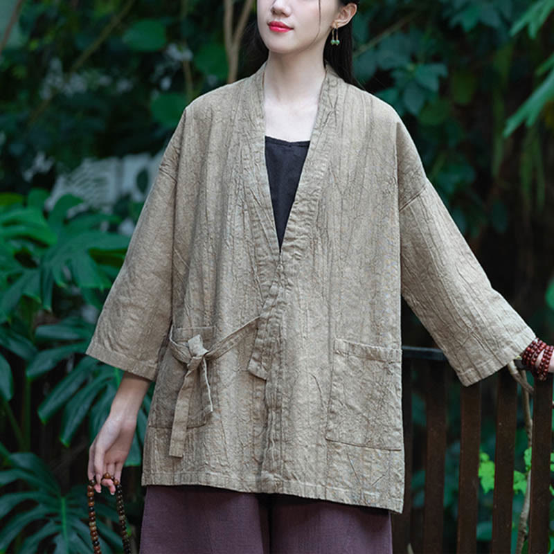 Buddha Stones漢服デザイン七分袖ラミーリネンコートオープンフロントトップジャケット - image 4