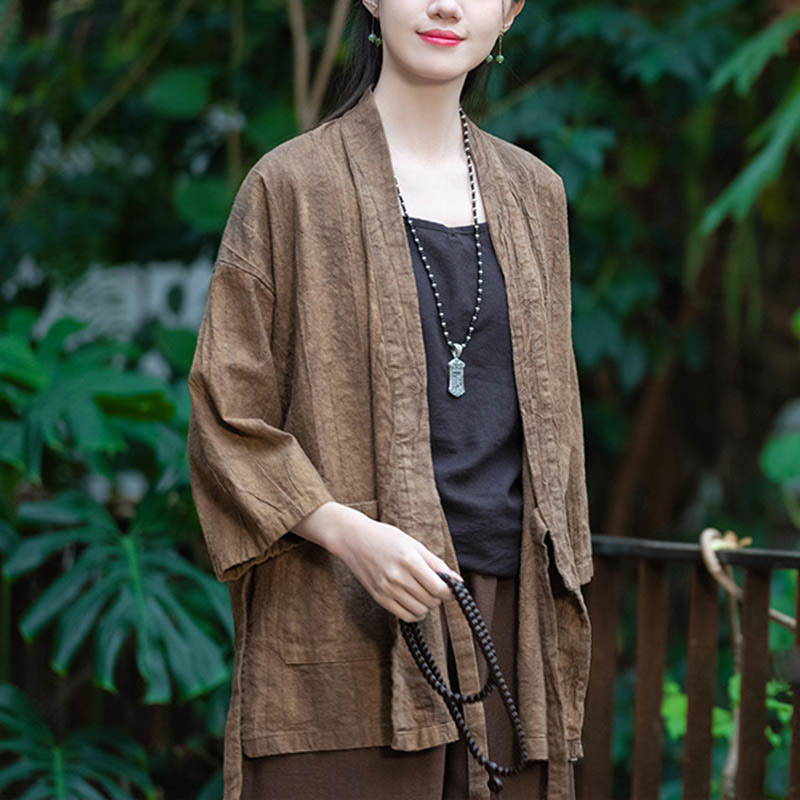 Buddha Stones漢服デザイン七分袖ラミーリネンコートオープンフロントトップジャケット - image 20
