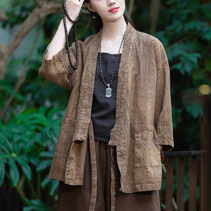 Buddha Stones漢服デザイン七分袖ラミーリネンコートオープンフロントトップジャケット - image 14