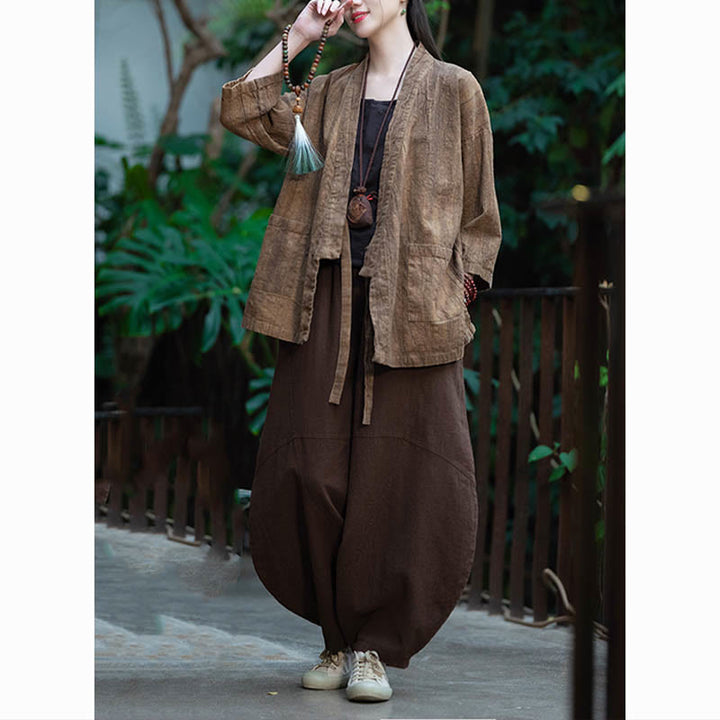 Buddha Stones漢服デザイン七分袖ラミーリネンコートオープンフロントトップジャケット - image 23