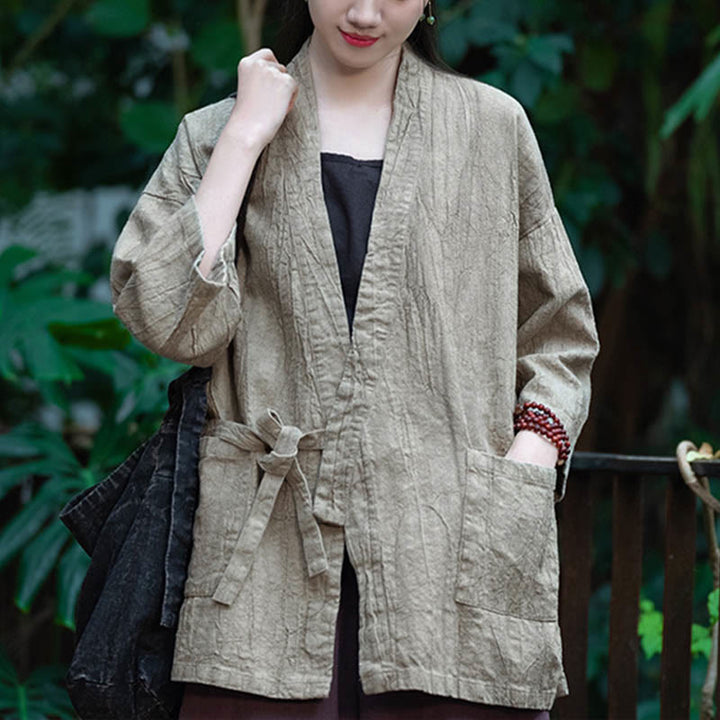 Buddha Stones漢服デザイン七分袖ラミーリネンコートオープンフロントトップジャケット - image 8
