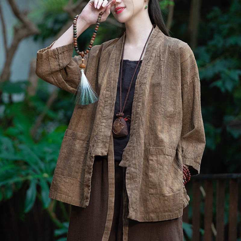 Buddha Stones漢服デザイン七分袖ラミーリネンコートオープンフロントトップジャケット - image 22