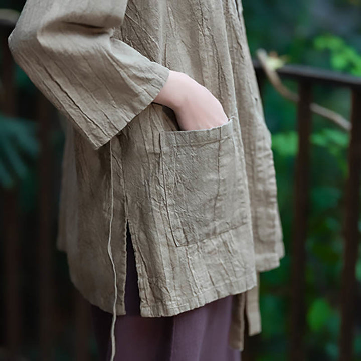 Buddha Stones漢服デザイン七分袖ラミーリネンコートオープンフロントトップジャケット - image 11