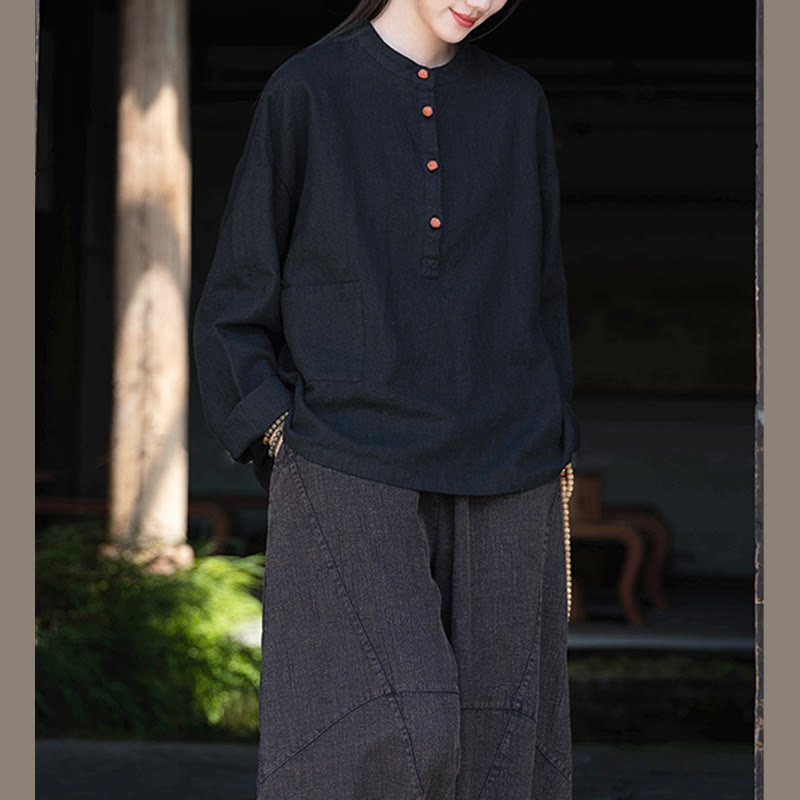 Buddha Stones無地 ルーズボタンブラウス 長袖シャツ トップス - ブラック(バスト126cm)(トップスのみ) - image 28