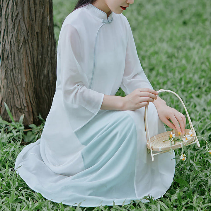 Buddha Stones七分袖シフォンチャイナドレス ミディ丈 ワイドレッグパンツ 瞑想 禅 練習着 - image 4