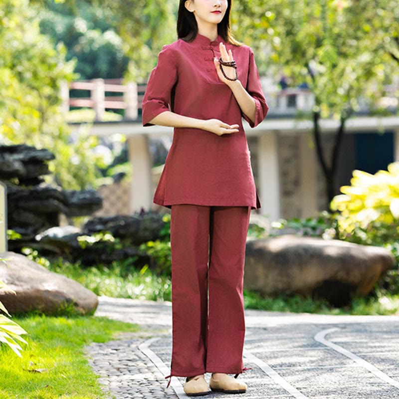 Buddha Stones 2点セット 半袖シャツ トップパンツ 瞑想 禅 太極拳 コットンリネン 衣類 レディース セット - image 5