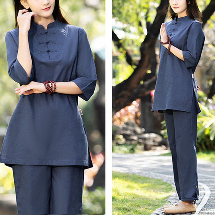 Buddha Stones 2点セット 半袖シャツ トップパンツ 瞑想 禅 太極拳 コットンリネン 衣類 レディース セット - image 1