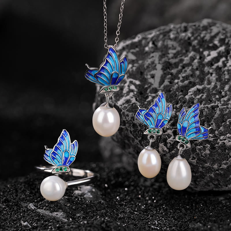 Buddha Stones925スターリングシルバー パール バタフライ ヒーリングネックレス ペンダント イヤリング リング