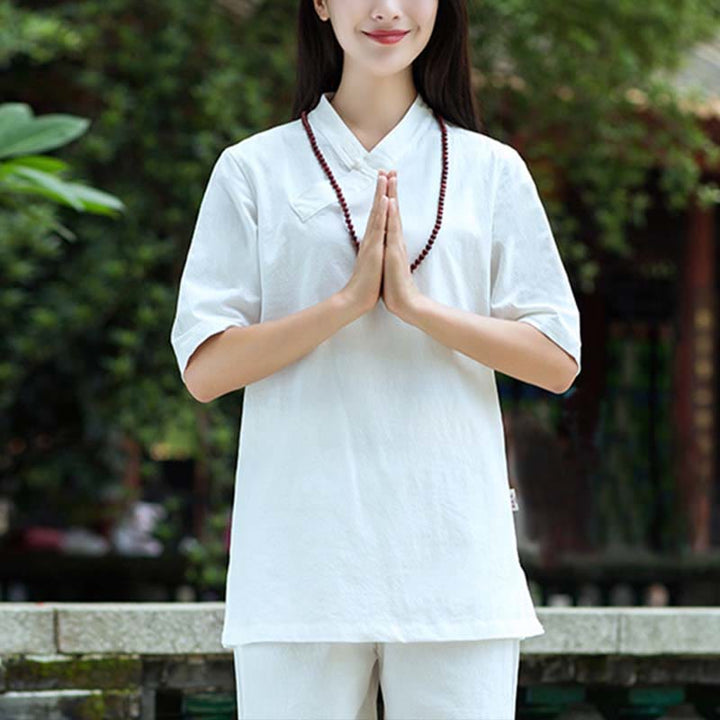 Buddha Stones 2点セット 半袖 Vネック シャツ トップパンツ 瞑想 禅 太極拳 リネン ウェア レディース セット - image 4
