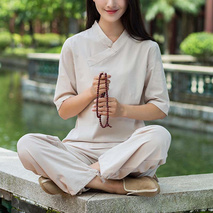 Buddha Stones 2点セット 半袖 Vネック シャツ トップパンツ 瞑想 禅 太極拳 リネン ウェア レディース セット - image 1