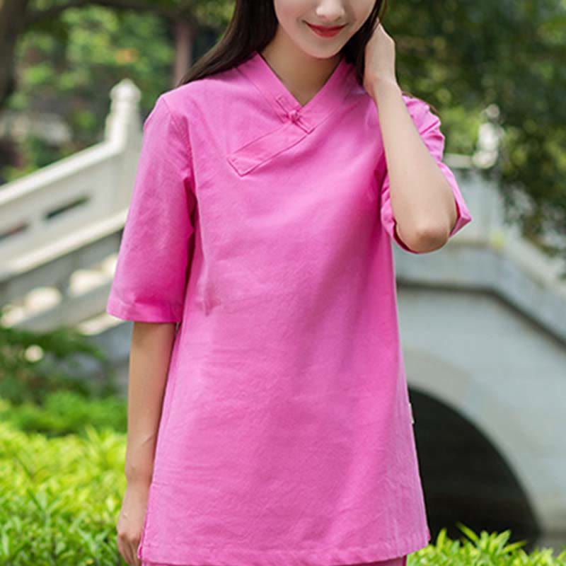 Buddha Stones 2点セット 半袖 Vネック シャツ トップパンツ 瞑想 禅 太極拳 リネン ウェア レディース セット - image 16