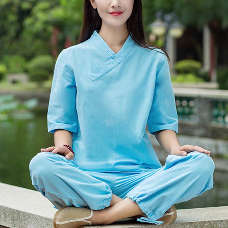 Buddha Stones 2点セット 半袖 Vネック シャツ トップパンツ 瞑想 禅 太極拳 リネン ウェア レディース セット - image 10
