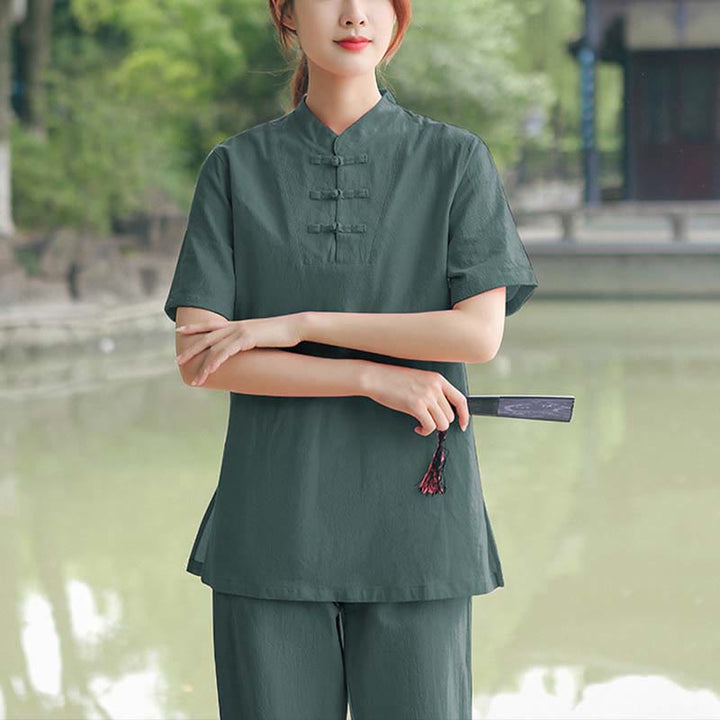 Buddha Stones 2点セット レディース 半袖シャツ トップス Tシャツ パンツ 瞑想 禅 太極拳 コットンリネン 衣類セット - ダークグリーン（トップス＆パンツ） - US18、 UK/AU22、 EU50 (6XL) - image 13