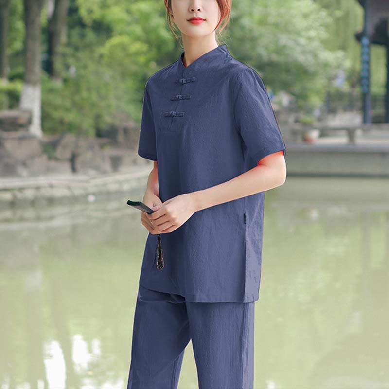 Buddha Stones 2点セット レディース 半袖シャツ トップス Tシャツ パンツ 瞑想 禅 太極拳 コットンリネン 衣類セット - ダークブルー（トップス＆パンツ） - US18、 UK/AU22、 EU50 (6XL) - image 10