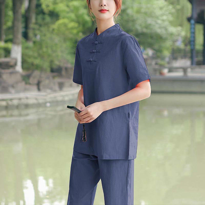 Buddha Stones 2点セット レディース 半袖シャツ トップス Tシャツ パンツ 瞑想 禅 太極拳 コットンリネン 衣類セット - ダークブルー（トップス＆パンツ） - US18、 UK/AU22、 EU50 (6XL) - image 10