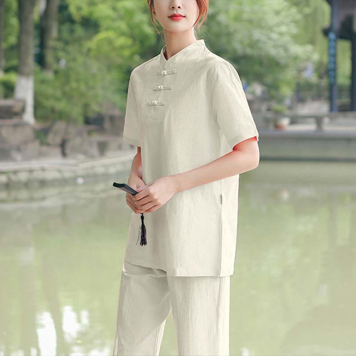 Buddha Stones 2点セット レディース 半袖シャツ トップス Tシャツ パンツ 瞑想 禅 太極拳 コットンリネン 衣類セット - ベージュ（トップス＆パンツ） - US18、 UK/AU22、 EU50 (6XL) - image 6