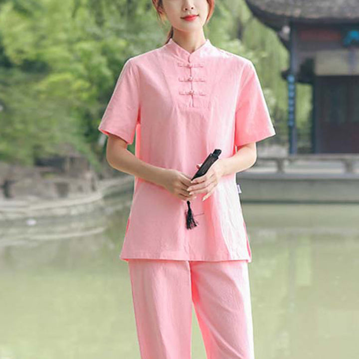 Buddha Stones 2点セット レディース 半袖シャツ トップス Tシャツ パンツ 瞑想 禅 太極拳 コットンリネン 衣類セット - ピンク(トップス&パンツ) - US18、 UK/AU22、 EU50 (6XL) - image 12