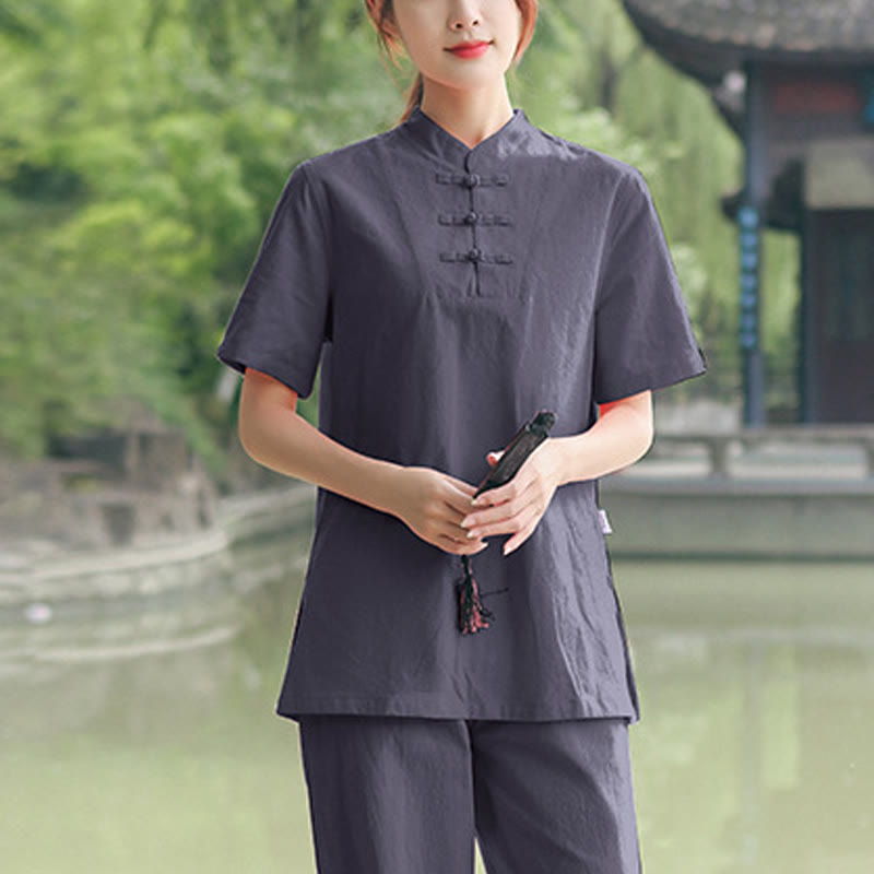 Buddha Stones 2点セット レディース 半袖シャツ トップス Tシャツ パンツ 瞑想 禅 太極拳 コットンリネン 衣類セット - グレー（トップス＆パンツ） - US18、 UK/AU22、 EU50 (6XL) - image 5