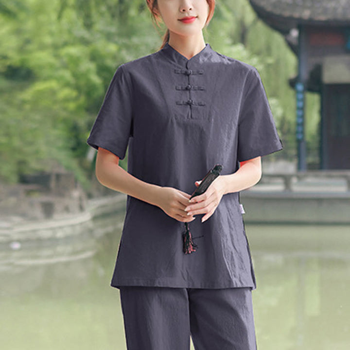 Buddha Stones 2点セット レディース 半袖シャツ トップス Tシャツ パンツ 瞑想 禅 太極拳 コットンリネン 衣類セット - グレー（トップス＆パンツ） - US18、 UK/AU22、 EU50 (6XL) - image 5